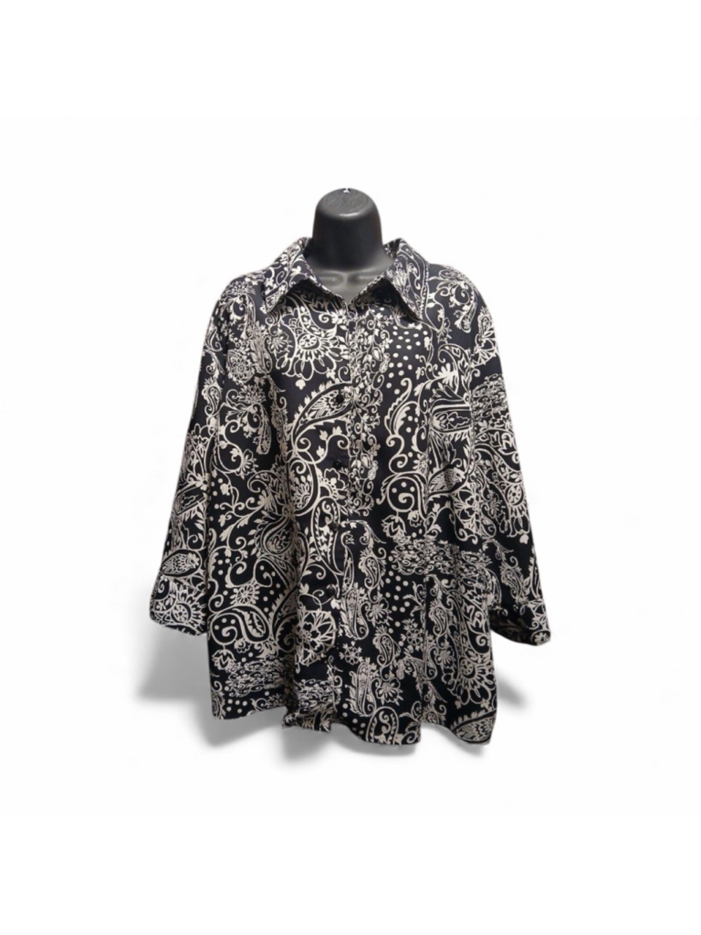 Women's Plus Size Paisley Patchwork Button Down Shirt Black White 3X (JC264)